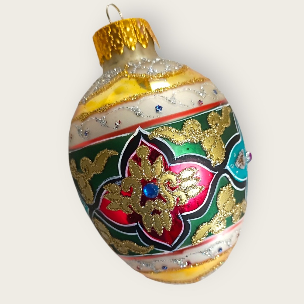 Vintage Morawski Poland Glass Christmas Ornament Red‎ Gold Jeweled Embellished